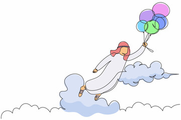 Poster - Continuous one line drawing success Arabian businessman flying with balloon. Happy office worker achieve financial independence. Business metaphor. Single line draw design vector graphic illustration