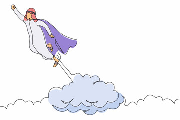 Poster - Single continuous line drawing super Arab businessman flying up to the cloud sky. Worker in cloak takes off. Power, uniqueness, start-up business idea. One line draw graphic design vector illustration