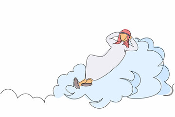 Poster - Single one line drawing successful Arabian businessman relaxing laying on clouds. Happy worker relaxation after deal business project, vacation. Continuous line draw design graphic vector illustration