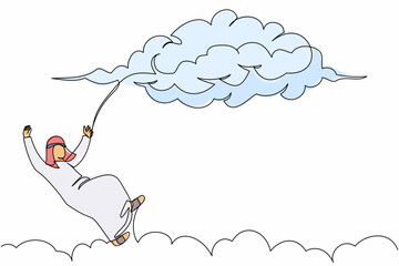 Poster - Single continuous line drawing Arab businessman falling from cloud sky. Financial crisis tragedy. Loses business and job. Employee dismissal at work. One line draw graphic design vector illustration