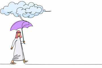 Poster - Single continuous line drawing Arabian businessman walking with umbrella under rain cloud. Depression, failed in business, passerby at rainy weather. One line draw graphic design vector illustration