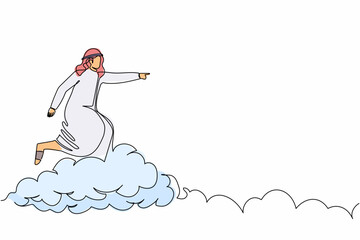 Poster - Single one line drawing Arab businessman riding cloud on the sky, pointing forward, go to future improvisation. Manager on cloud way to success. Continuous line draw design graphic vector illustration