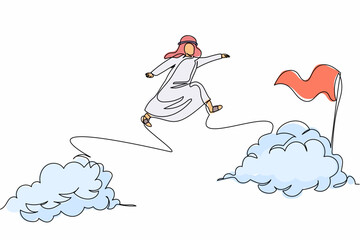 Poster - Single continuous line drawing Arab businessman jump over clouds to reach success, target or flag. Challenge career path. Taking risk business project. One line draw graphic design vector illustration