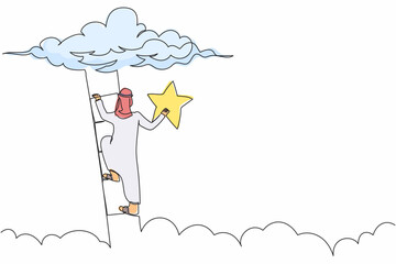 Poster - Single continuous line drawing Arabian businessman climbing ladder or stairs and reaching star on sky for success. Business goal, career, achievement. One line draw graphic design vector illustration
