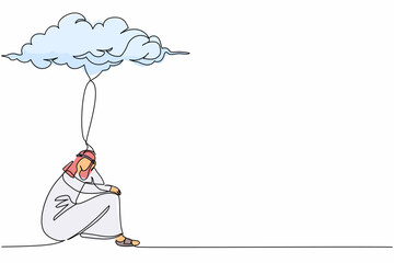 Poster - Continuous one line drawing depressed Arabian businessman feeling stress and sad. Sitting under rain cloud. Unhappy worker with business problem. Single line draw design vector graphic illustration
