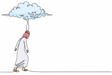 Poster - single one line drawing depressed arab businessman walking under rain cloud. unhappy loser sad male 