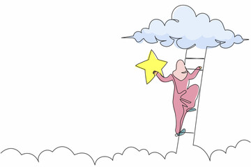 Poster - Continuous one line drawing Arab businesswoman climbing ladder and reaching star on sky. Goals dreams office worker. Business, career, achievement. Single line draw design vector graphic illustration