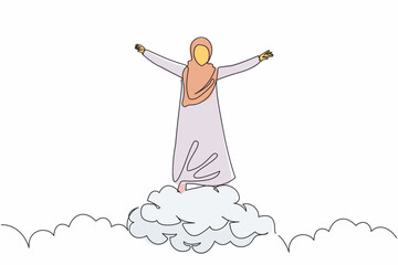 Poster - Single continuous line drawing Arab businesswoman on top of cloud with raised hands. Successful office worker. Financial freedom, happiness, peaceful. One line draw graphic design vector illustration