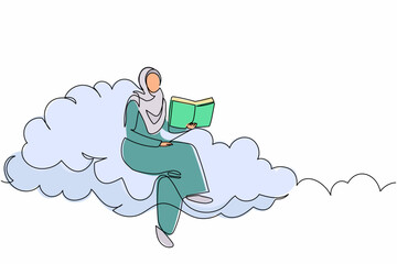 Poster - Single one line drawing smart Arab businesswoman sitting on cloud and reading book. Studying higher education for worker. Pursuit career growth. Continuous line draw design graphic vector illustration
