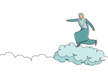 Poster - Single continuous line drawing successful Arab businesswoman on cloud and pointing forward. Arabian female manager go to future, way to success path. One line draw graphic design vector illustration