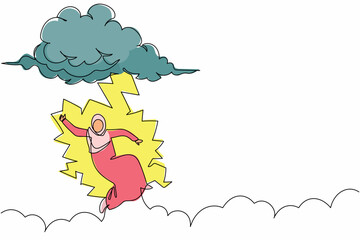 Poster - Single continuous line drawing Arab businesswoman struck by lightning or thunder from cloud. Feel bad luck in office. Misery, disaster, risk, danger. One line draw graphic design vector illustration