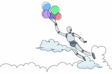 Poster - Single one line drawing robot flying with balloon air. Achieve financial independence. Future technology development. Machine learning processes. Continuous line design graphic vector illustration