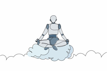 Poster - Single continuous line drawing robot meditates and resting in yoga position on clouds. Modern robotic artificial intelligence. Electronic technology industry. One line draw design vector illustration