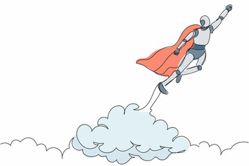 Poster - Continuous one line drawing super robot in cloak flying up to cloud sky. Startup business idea. Humanoid robot cybernetic organism. Future robotic development. Single line design vector illustration