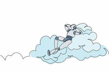 Poster - Single one line drawing happy robot relaxing laying on clouds. Future technology development. Artificial intelligence and machine learning processes. Continuous line graphic design vector illustration