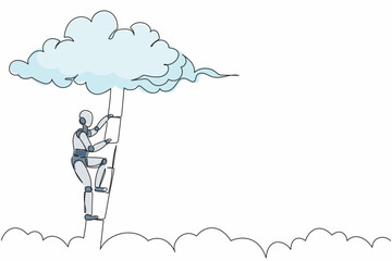 Poster - Single continuous line drawing robot climbing up ladder to cloud. Career path growth. Modern robotic artificial intelligence. Electronic technology industry. One line draw design vector illustration