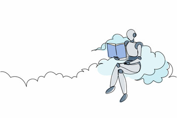 Poster - single one line drawing robot sitting on cloud reading book. study literature. future technology dev