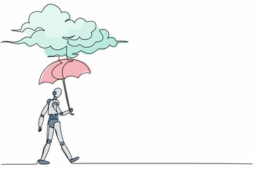 Poster - Continuous one line drawing robot walking with umbrella under rain cloud. Failed in business. Humanoid robot cybernetic organism. Robotic development. Single line design vector graphic illustration