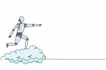 Poster - Single continuous line drawing robot riding cloud on the sky, pointing forward, go to future innovation. Robotic artificial intelligence. Electronic technology industry. One line graphic design vector