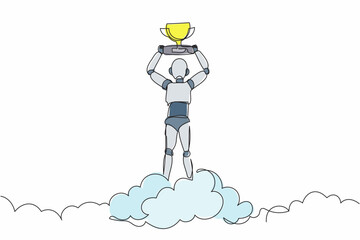 Poster - Single one line drawing robot holding trophy in cloud. Celebrates victory in sky. Future technology development. Artificial intelligence machine learning. Continuous line design vector illustration