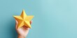 Woman's hand holds one star on a blue background. Customer Experience Concept. Service rating. Clients Choosing Satisfaction Rating.Customer Service, generative ai