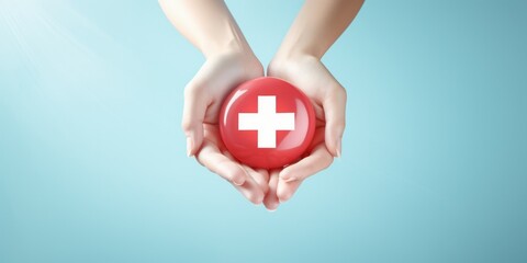 Wall Mural - Woman hand holding plus icon for the healthcare medical icon on blue background. Health insurance health concept. access to welfare health and copy space, generative ai