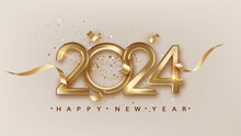 2024 New Year With Golden Golden Ribbon. Elegant Festive Christmas Banner With Falling Confetti On Bright Background. 2024 Golden 3d Number.