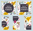 Back to school Sale - blackboard sale text surrounded with school supplies like rulers, pencils, cones, backpack, notebook, lightbulb, brushes and ABC for banner or greeting card.