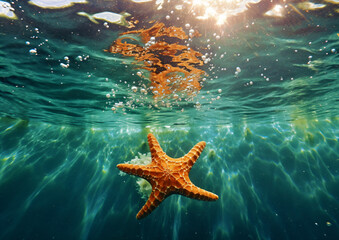  starfish underwater in the blue clear sea, generative ai