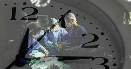 Poster - Animation of clock ticking over diverse surgeons in operating theatre
