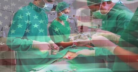 Sticker - Animation of flag of usa over diverse surgeons in operating theatre