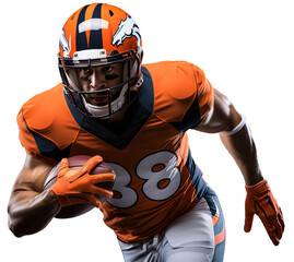 Sticker - An American football player in a orange uniform and a helmet runs with the ball in his right hand. Isolated transparent background