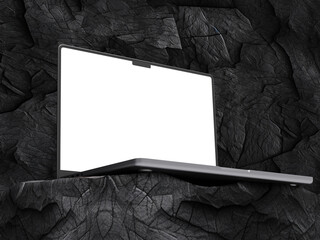 Fototapete - Close up of empty white laptop display on black stone podium. Tech presentation and device concept. Mock up, 3D Rendering.