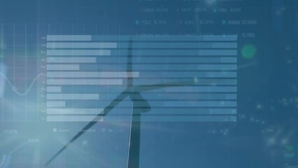 Canvas Print - Animation of statistical and stock market data processing over spinning windmill against blue sky