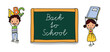Back to school -cute boy and girl with school objects excited to go back to school, blackboard in the middle - colorful hand-drawn cartoon. Suitable for vertical banner or greeting card.
