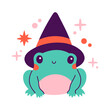 Happy Halloween. Vector cute illustration of frog in witch hat in trendy colors for postcard, flyer, banner
