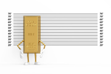Aufkleber - Golden Bar Cartoon Person Character Mascot in front of Police Lineup or Mugshot Background. 3d Rendering