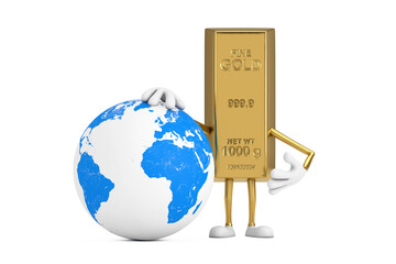 Poster - Golden Bar Cartoon Person Character Mascot with Earth Globe. 3d Rendering