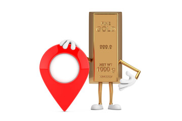 Poster - Golden Bar Cartoon Person Character Mascot with Red Target Map Pointer Pin. 3d Rendering