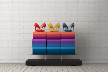 Poster - Store Product Display Showcase Rack Shelves with Woman Shoe Boxes and High Heels Wooman Shooes in front of Wall. 3d Rendering