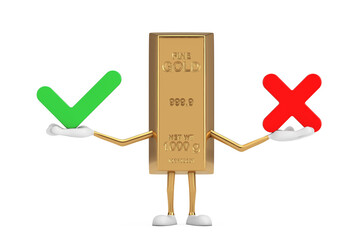 Poster - Golden Bar Cartoon Person Character Mascot with Red Cross and Green Check Mark, Confirm or Deny, Yes or No Icon Sign. 3d Rendering