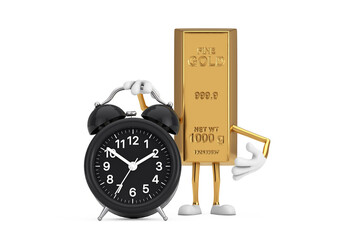 Poster - Golden Bar Cartoon Person Character Mascot with Alarm Clock. 3d Rendering
