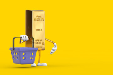 Leinwandbilder - Golden Bar Cartoon Person Character Mascot with Cartoon Shopping Basket. 3d Rendering
