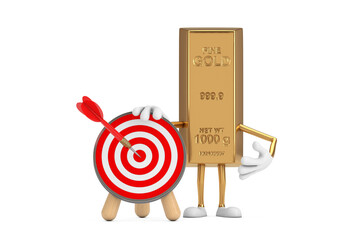 Leinwandbilder - Golden Bar Cartoon Person Character Mascot with Archery Target and Dart in Center. 3d Rendering