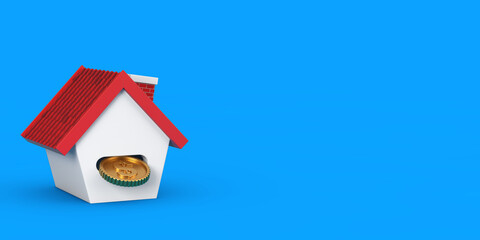 Poster - Real Estate Investment Concept. House in Shape of Piggy Bank with Dollar Coin. 3d Rendering