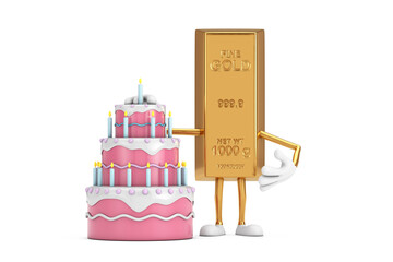 Poster - Golden Bar Cartoon Person Character Mascot with Birthday Cartoon Dessert Tiered Cake and Candles. 3d Rendering