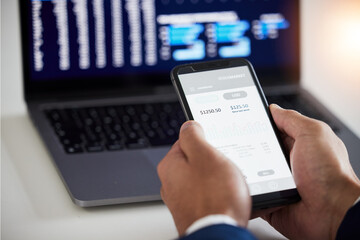 Poster - Hands, phone or businessman trading on stock market, fintech app or cryptocurrency savings on laptop. Closeup of financial trader, technology and screen for data analysis, growth and stocks dashboard