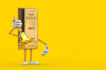Leinwandbilder - Golden Bar Cartoon Person Character Mascot with Vintage Golden School Bell. 3d Rendering