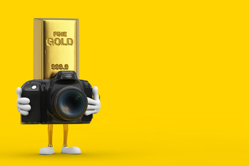 Poster - Golden Bar Cartoon Person Character Mascot with Modern Digital Photo Camera. 3d Rendering