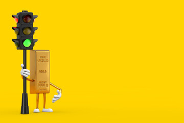 Aufkleber - Golden Bar Cartoon Person Character Mascot with Traffic Green Light. 3d Rendering